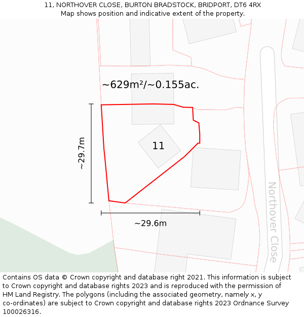 11, NORTHOVER CLOSE, BURTON BRADSTOCK, BRIDPORT, DT6 4RX: Plot and title map