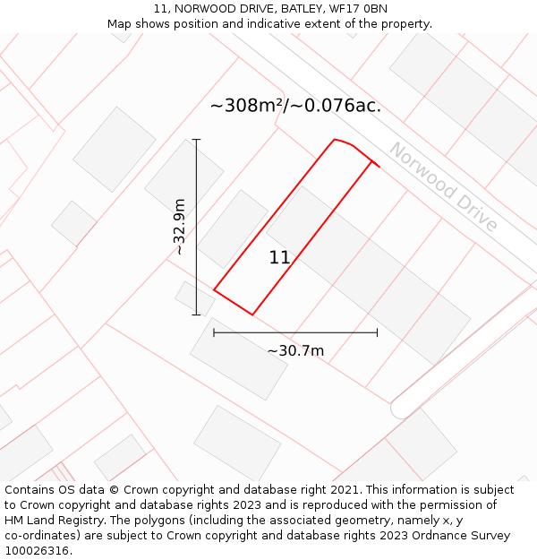 11, NORWOOD DRIVE, BATLEY, WF17 0BN: Plot and title map