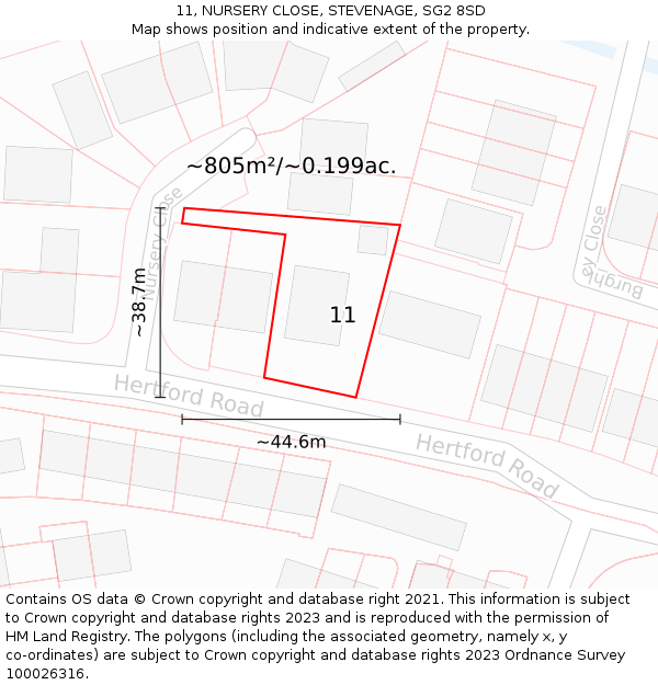 11, NURSERY CLOSE, STEVENAGE, SG2 8SD: Plot and title map