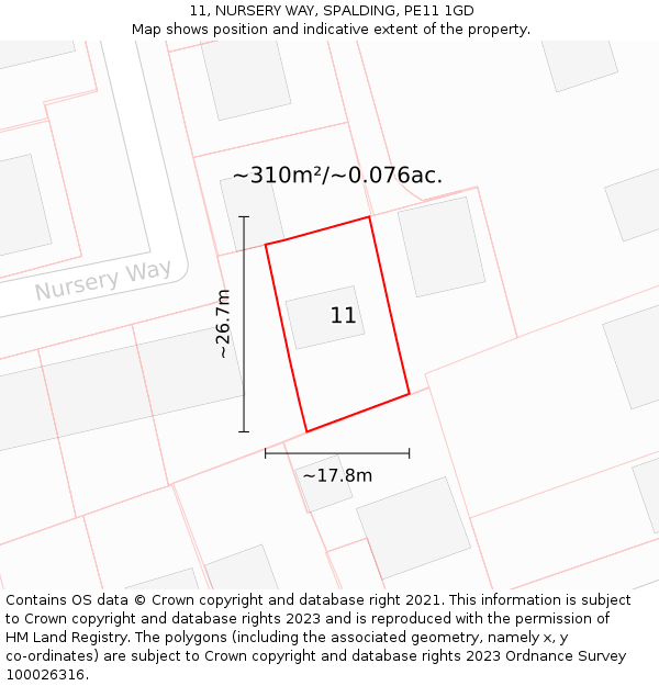 11, NURSERY WAY, SPALDING, PE11 1GD: Plot and title map