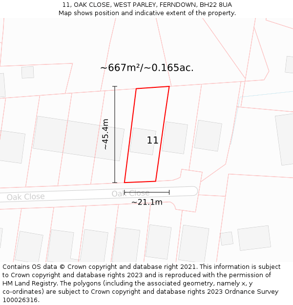 11, OAK CLOSE, WEST PARLEY, FERNDOWN, BH22 8UA: Plot and title map