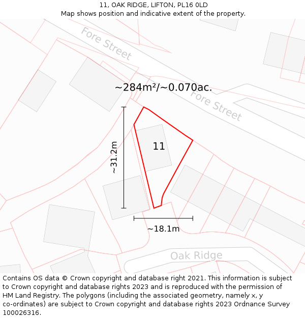 11, OAK RIDGE, LIFTON, PL16 0LD: Plot and title map