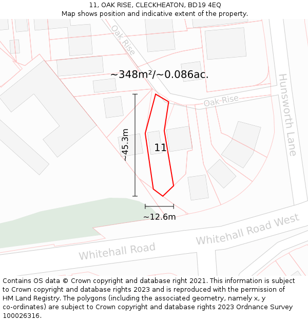 11, OAK RISE, CLECKHEATON, BD19 4EQ: Plot and title map