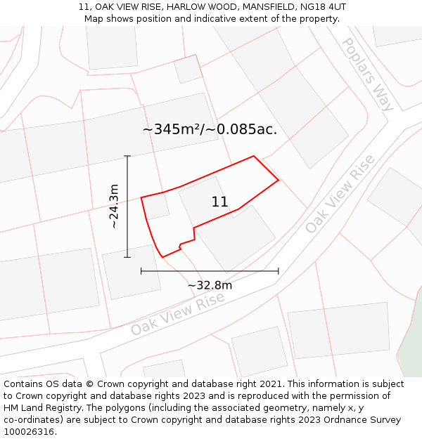 11, OAK VIEW RISE, HARLOW WOOD, MANSFIELD, NG18 4UT: Plot and title map