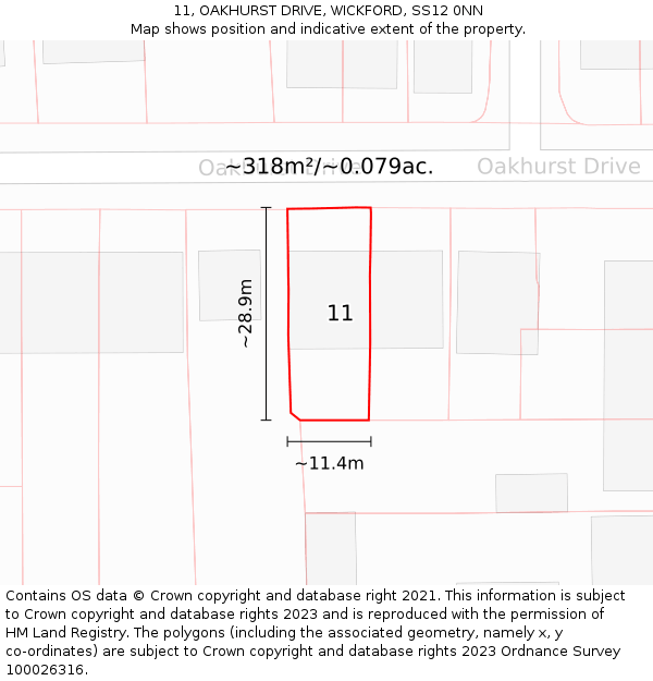 11, OAKHURST DRIVE, WICKFORD, SS12 0NN: Plot and title map