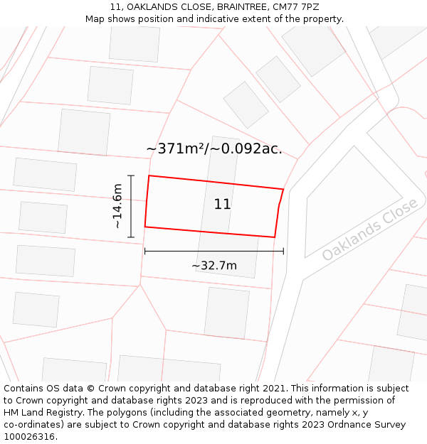 11, OAKLANDS CLOSE, BRAINTREE, CM77 7PZ: Plot and title map