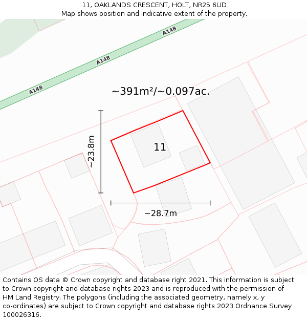 11, OAKLANDS CRESCENT, HOLT, NR25 6UD: Plot and title map