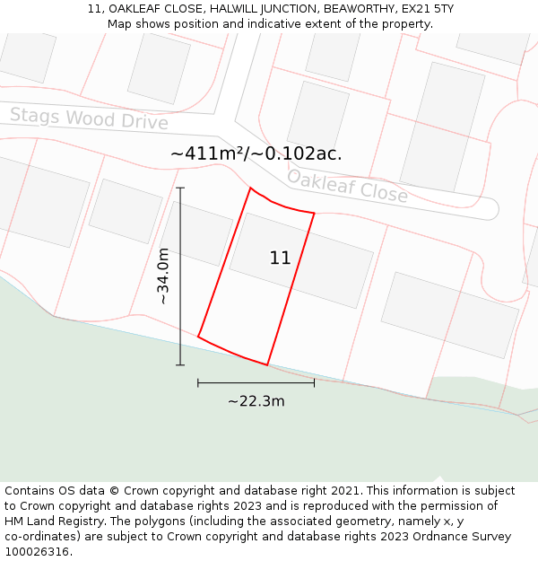 11, OAKLEAF CLOSE, HALWILL JUNCTION, BEAWORTHY, EX21 5TY: Plot and title map
