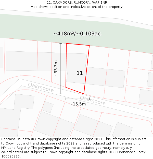 11, OAKMOORE, RUNCORN, WA7 1NR: Plot and title map