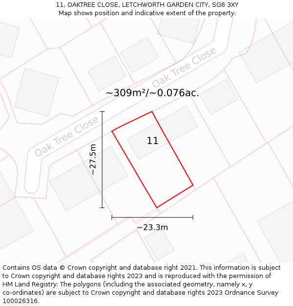 11, OAKTREE CLOSE, LETCHWORTH GARDEN CITY, SG6 3XY: Plot and title map