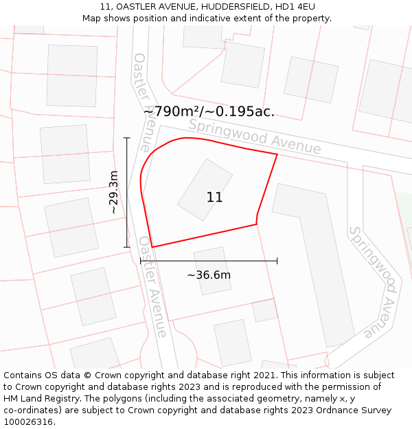 11, OASTLER AVENUE, HUDDERSFIELD, HD1 4EU: Plot and title map