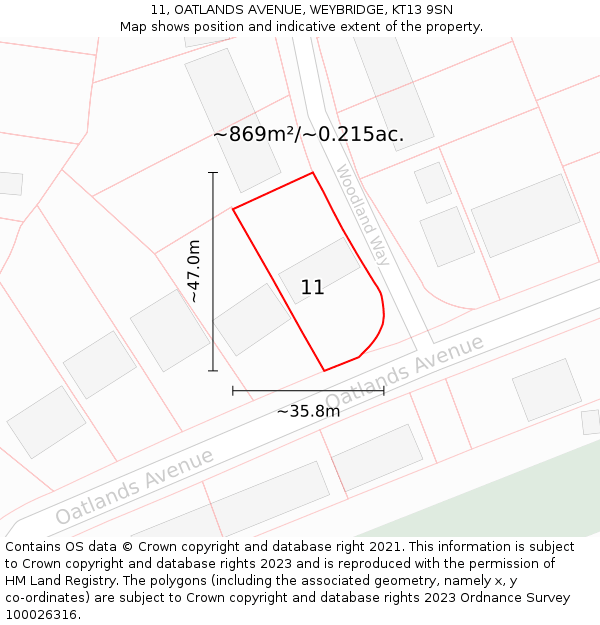 11, OATLANDS AVENUE, WEYBRIDGE, KT13 9SN: Plot and title map