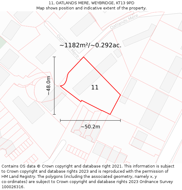 11, OATLANDS MERE, WEYBRIDGE, KT13 9PD: Plot and title map