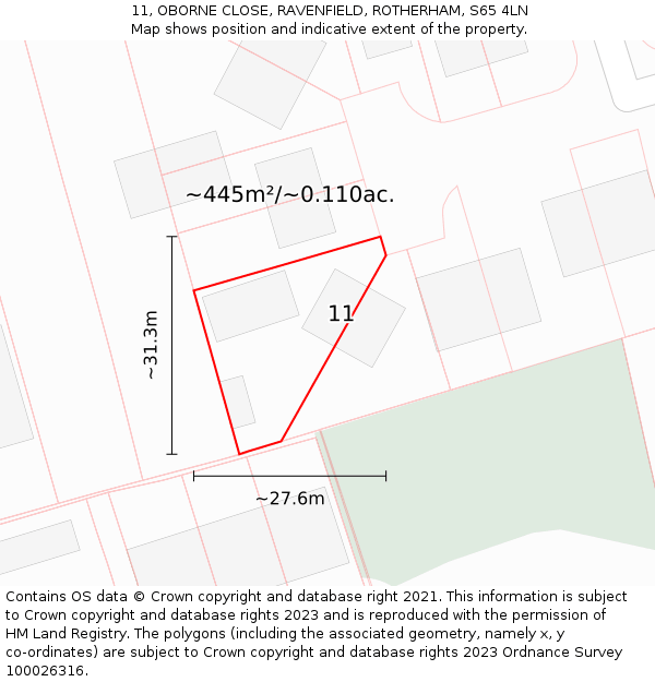 11, OBORNE CLOSE, RAVENFIELD, ROTHERHAM, S65 4LN: Plot and title map