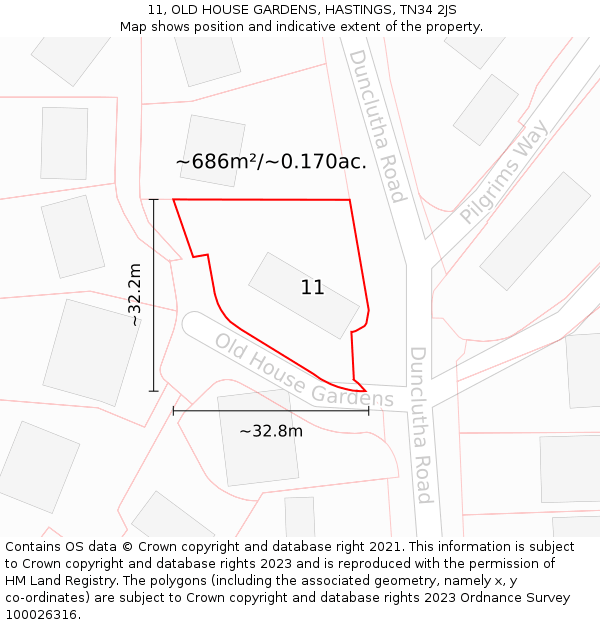 11, OLD HOUSE GARDENS, HASTINGS, TN34 2JS: Plot and title map