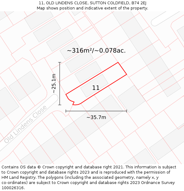 11, OLD LINDENS CLOSE, SUTTON COLDFIELD, B74 2EJ: Plot and title map