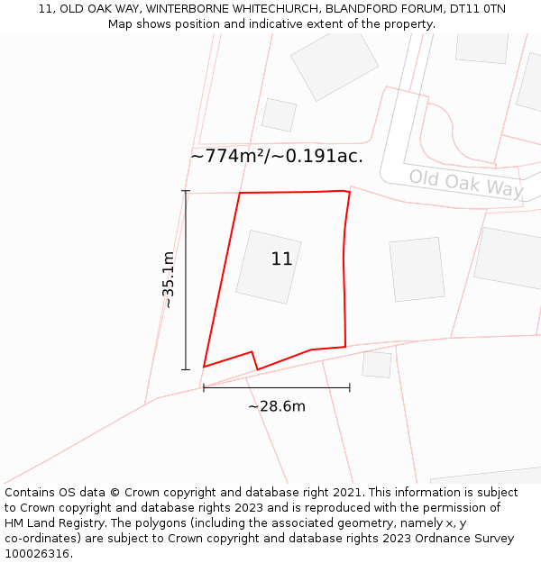 11, OLD OAK WAY, WINTERBORNE WHITECHURCH, BLANDFORD FORUM, DT11 0TN: Plot and title map