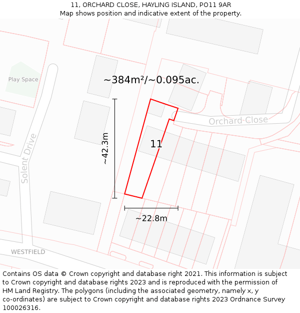 11, ORCHARD CLOSE, HAYLING ISLAND, PO11 9AR: Plot and title map