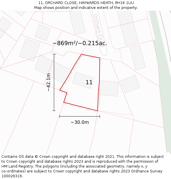 11, ORCHARD CLOSE, HAYWARDS HEATH, RH16 1UU: Plot and title map