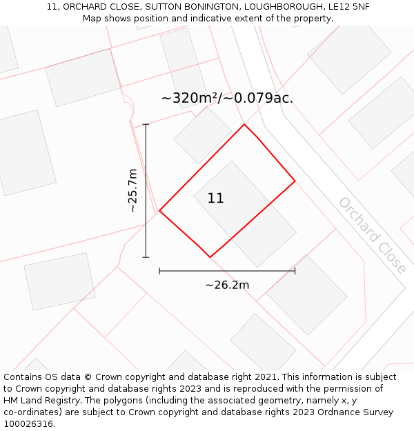 11, ORCHARD CLOSE, SUTTON BONINGTON, LOUGHBOROUGH, LE12 5NF: Plot and title map