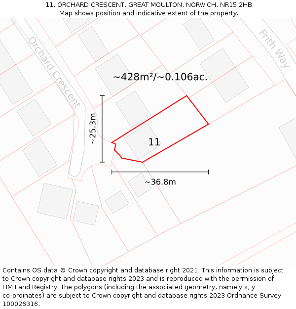 11, ORCHARD CRESCENT, GREAT MOULTON, NORWICH, NR15 2HB: Plot and title map