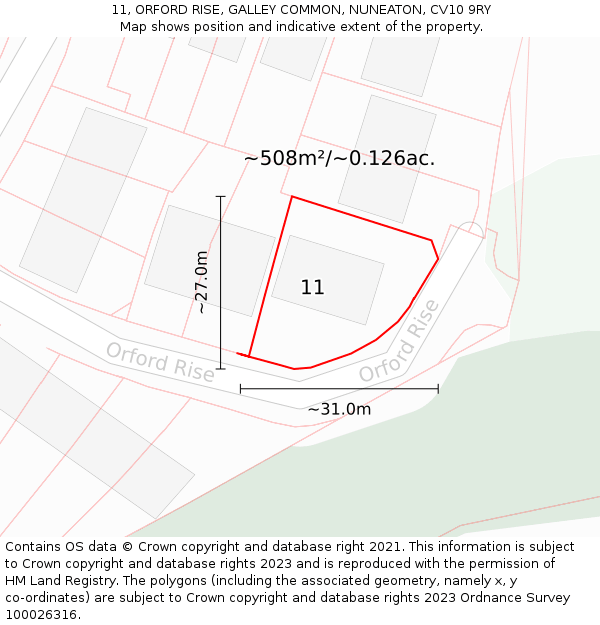 11, ORFORD RISE, GALLEY COMMON, NUNEATON, CV10 9RY: Plot and title map