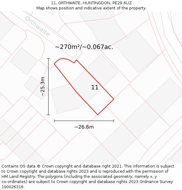 11, ORTHWAITE, HUNTINGDON, PE29 6UZ: Plot and title map