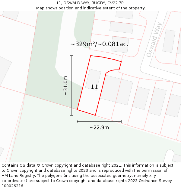 11, OSWALD WAY, RUGBY, CV22 7PL: Plot and title map
