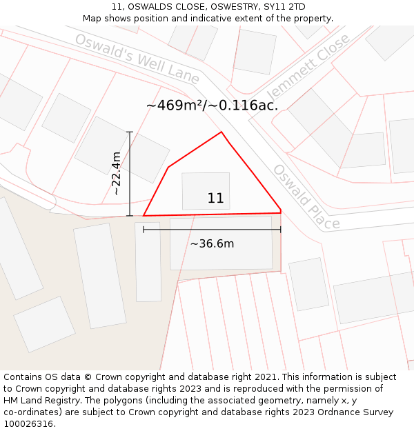 11, OSWALDS CLOSE, OSWESTRY, SY11 2TD: Plot and title map