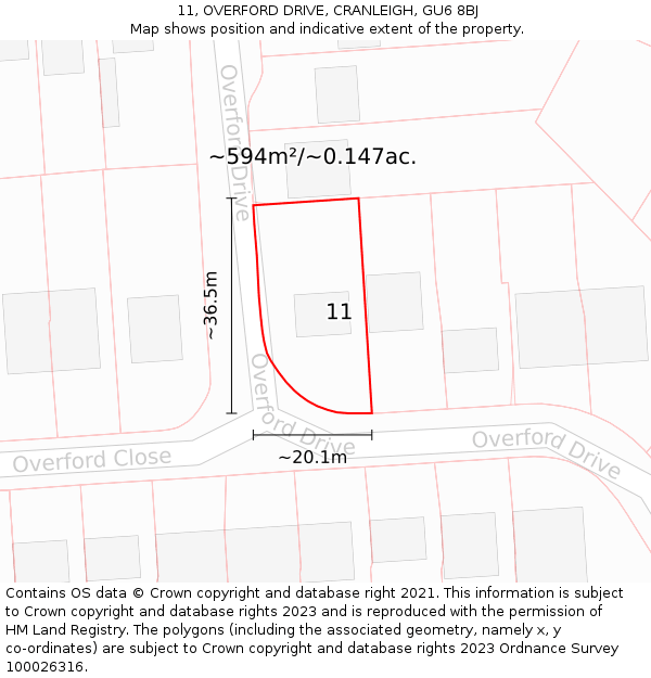 11, OVERFORD DRIVE, CRANLEIGH, GU6 8BJ: Plot and title map