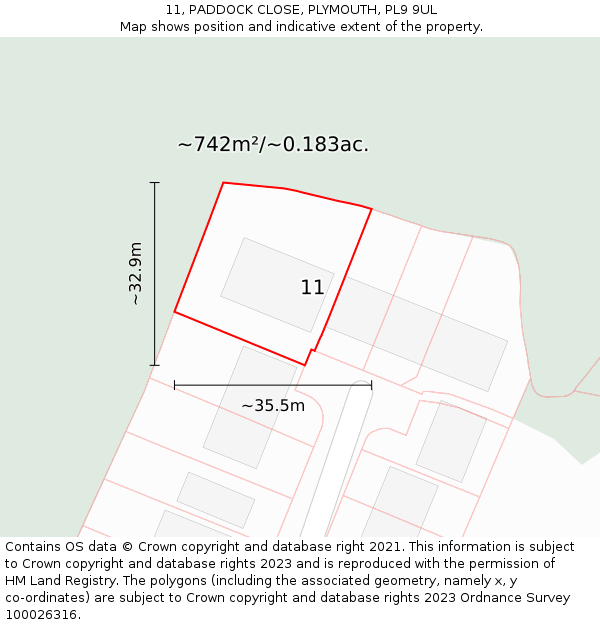 11, PADDOCK CLOSE, PLYMOUTH, PL9 9UL: Plot and title map