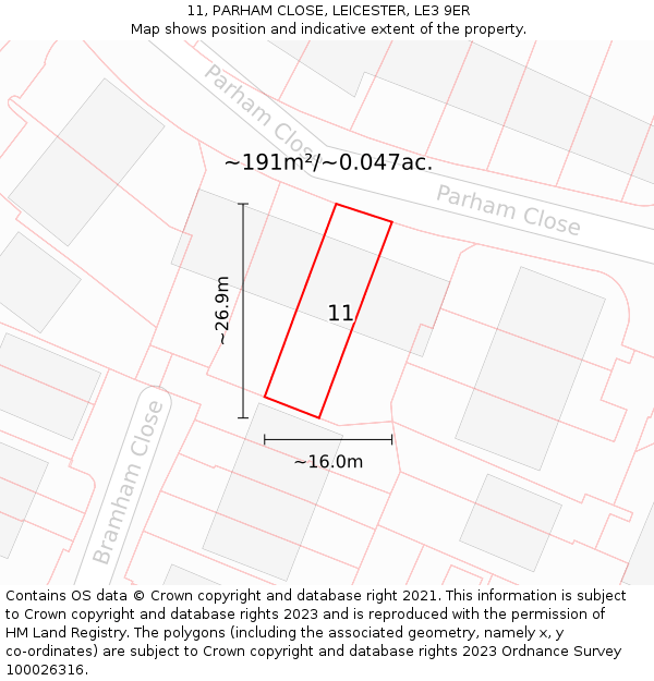 11, PARHAM CLOSE, LEICESTER, LE3 9ER: Plot and title map