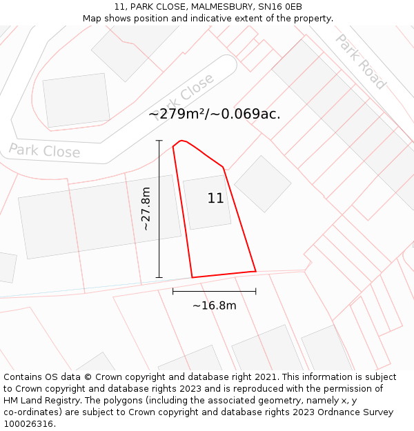 11, PARK CLOSE, MALMESBURY, SN16 0EB: Plot and title map