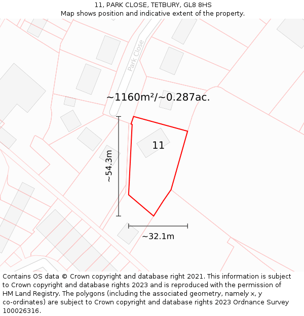 11, PARK CLOSE, TETBURY, GL8 8HS: Plot and title map