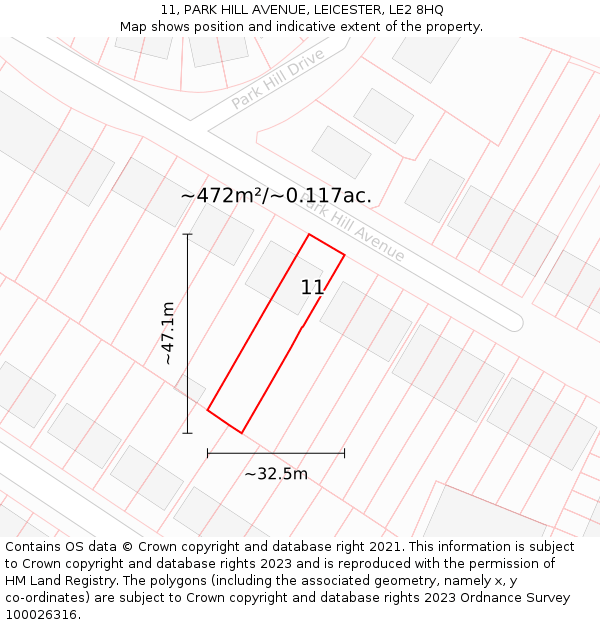 11, PARK HILL AVENUE, LEICESTER, LE2 8HQ: Plot and title map