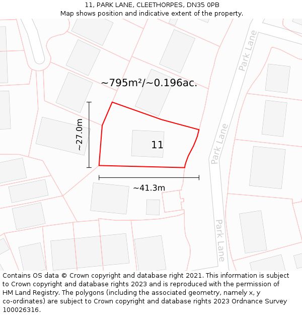 11, PARK LANE, CLEETHORPES, DN35 0PB: Plot and title map