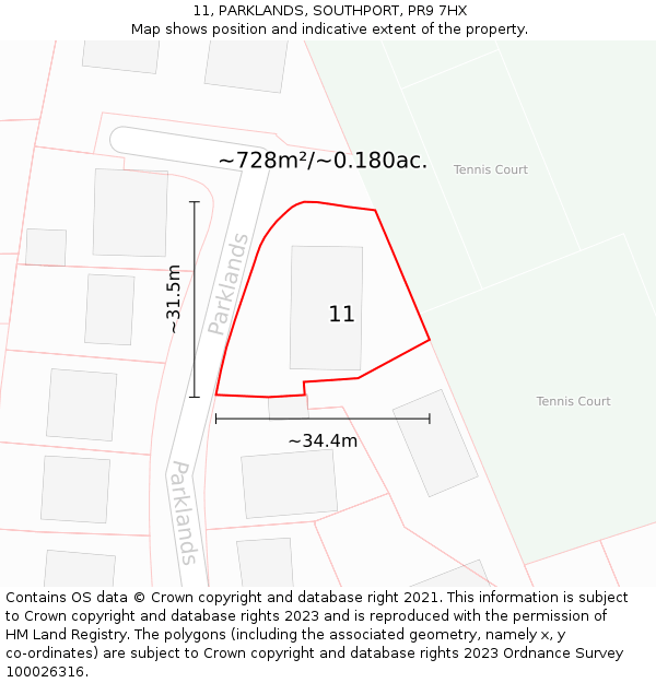 11, PARKLANDS, SOUTHPORT, PR9 7HX: Plot and title map