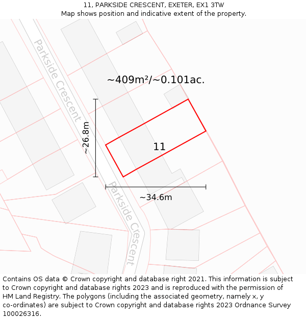 11, PARKSIDE CRESCENT, EXETER, EX1 3TW: Plot and title map