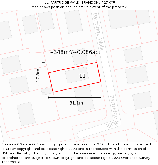 11, PARTRIDGE WALK, BRANDON, IP27 0YF: Plot and title map