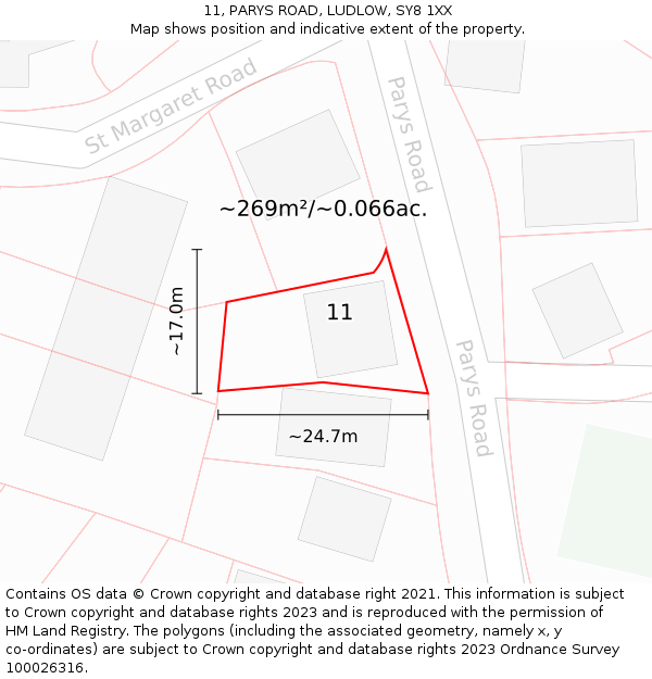 11, PARYS ROAD, LUDLOW, SY8 1XX: Plot and title map