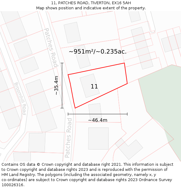 11, PATCHES ROAD, TIVERTON, EX16 5AH: Plot and title map