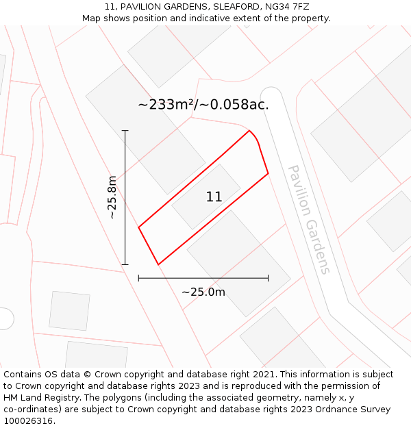 11, PAVILION GARDENS, SLEAFORD, NG34 7FZ: Plot and title map