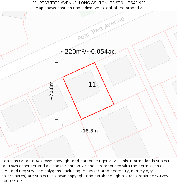 11, PEAR TREE AVENUE, LONG ASHTON, BRISTOL, BS41 9FF: Plot and title map