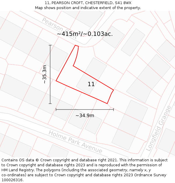 11, PEARSON CROFT, CHESTERFIELD, S41 8WX: Plot and title map