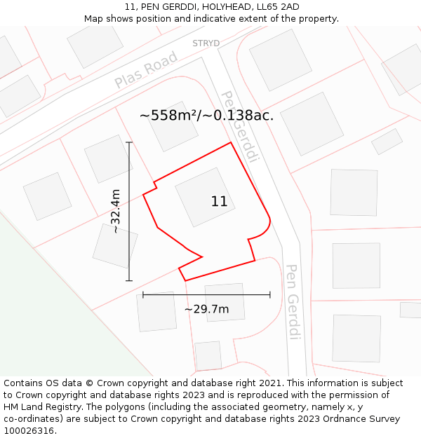 11, PEN GERDDI, HOLYHEAD, LL65 2AD: Plot and title map