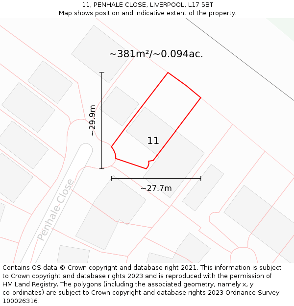 11, PENHALE CLOSE, LIVERPOOL, L17 5BT: Plot and title map