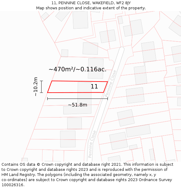 11, PENNINE CLOSE, WAKEFIELD, WF2 8JY: Plot and title map