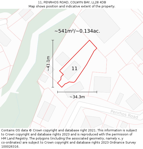 11, PENRHOS ROAD, COLWYN BAY, LL28 4DB: Plot and title map