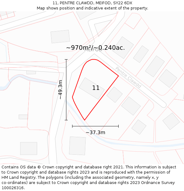 11, PENTRE CLAWDD, MEIFOD, SY22 6DX: Plot and title map