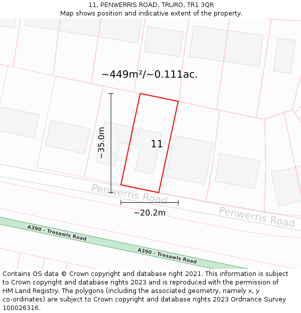 11, PENWERRIS ROAD, TRURO, TR1 3QR: Plot and title map